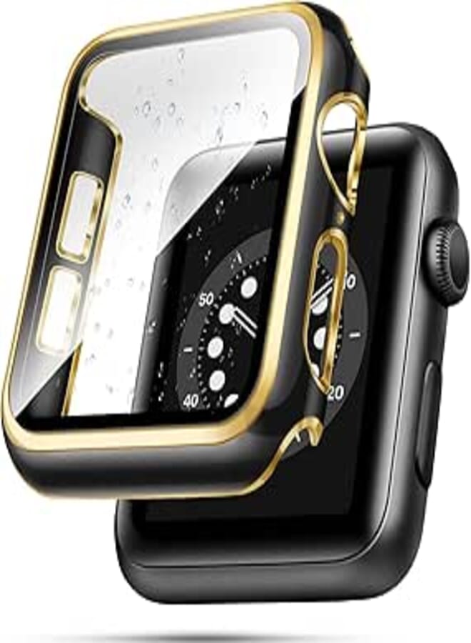top4cus 45mm Case Compatible with Apple Watch, with Built-in Tempered Glass Screen Protector, PC Cover for iWatch Series 8/7/SE 6 5 4/3 2 for Choice (45mm, Black + Gold Edge)